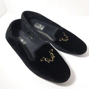 Vintage House Slippers Womens 11 Black Velvet Gold Embroidered Lounge Spain